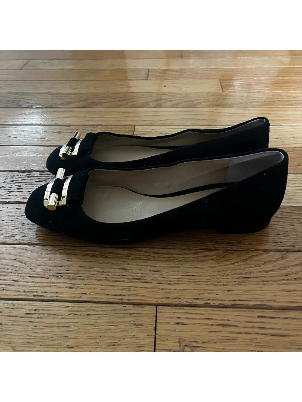 Michael Kors Black Suede Flats with Gold Buckle Accent